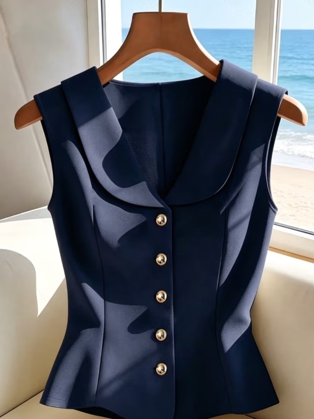 Navy Sleeveless Button-Front Dress Top